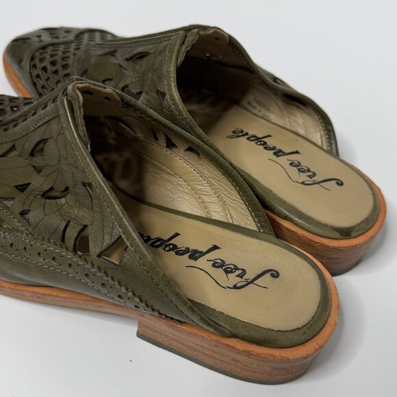 💚 Free People Paramount Olive Green Leather Cutout Mules | Slip-On Mules Women - Picture 9 of 10